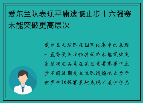 爱尔兰队表现平庸遗憾止步十六强赛未能突破更高层次