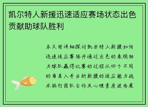 凯尔特人新援迅速适应赛场状态出色贡献助球队胜利