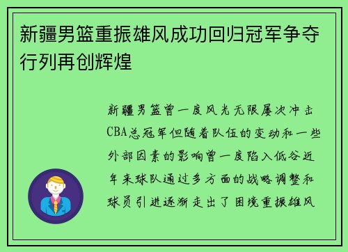 新疆男篮重振雄风成功回归冠军争夺行列再创辉煌