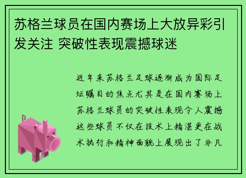 苏格兰球员在国内赛场上大放异彩引发关注 突破性表现震撼球迷