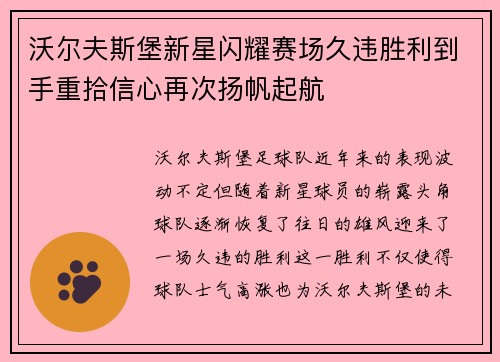 沃尔夫斯堡新星闪耀赛场久违胜利到手重拾信心再次扬帆起航