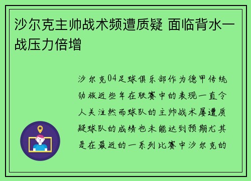 沙尔克主帅战术频遭质疑 面临背水一战压力倍增